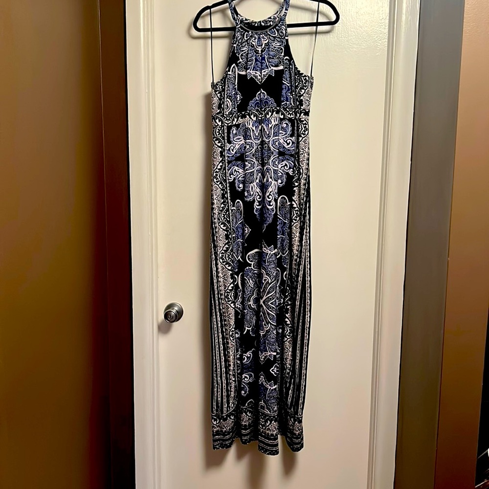 Size Large royal blue, black and white maxi dress with silver neck embellishment